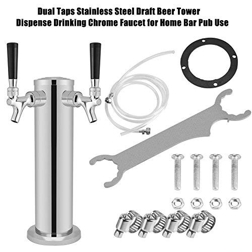 Draft Beer Tower, Dual Taps Stainless Steel Draft Beer Kegerator Tower Draft Beer Tower Dispense Drinking Chrome Faucet for Home Bar Pub Use Beer Machine Accessories