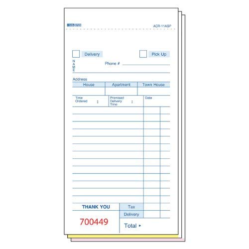 DayMark Delivery Guest Check, 3 Part, White (Case of 50 Books, 50 Sheets Per Book)