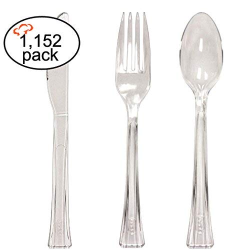 TigerChef TC-20484 Heavy Duty Plastic Cutlery Set, Includes 384 Forks, 384 Spoons, 384 Knives, Clear