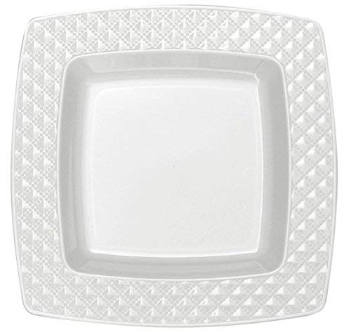 Table To Go ‘I Can’t Believe It’s Plastic’ 200-Piece Plastic Dinner Plate Set | Square Diamonds Collection | Heavy Duty Premium Plastic Plates for Wedding, Parties, Camping & More (Ivory)
