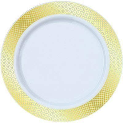 Royalty Settings Crystal Collection Fancy Heavy Duty Plastic Plates for Weddings, Premium Hard Plastic Plates for Parties, White with Gold Rim, Set of 120, 9 inch Disposable Plastic Plates