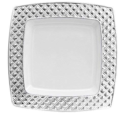 Table To Go ‘I Can’t Believe It’s Plastic’ 200-Piece Plastic Salad Plate Set | Square Diamonds Collection | Heavy Duty Premium Plastic Plates for Wedding, Parties, Camping & More (Silver Ivory)