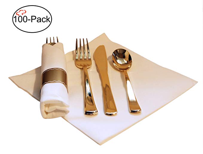 Tiger Chef 100-Pack 16-inch Pre Rolled Cutlery in Linen-Feel White Napkins and Gold Heavy Weight Plastic Silverware with Napkin Band Set, Includes Forks, Spoons and Knives in Rolled Napkins BPA-free