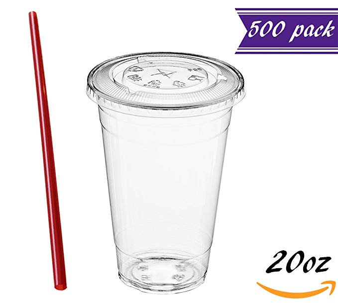 (500 Sets) 20 oz Clear Plastic Cups with Lids and FREE Straws, Disposable Crystal Clear PET Cups with Flat Straw Slot Lids for Cold Drinks, To Go Iced Coffee, Juice, Soda, Bubble Boba Tea, Smoothie