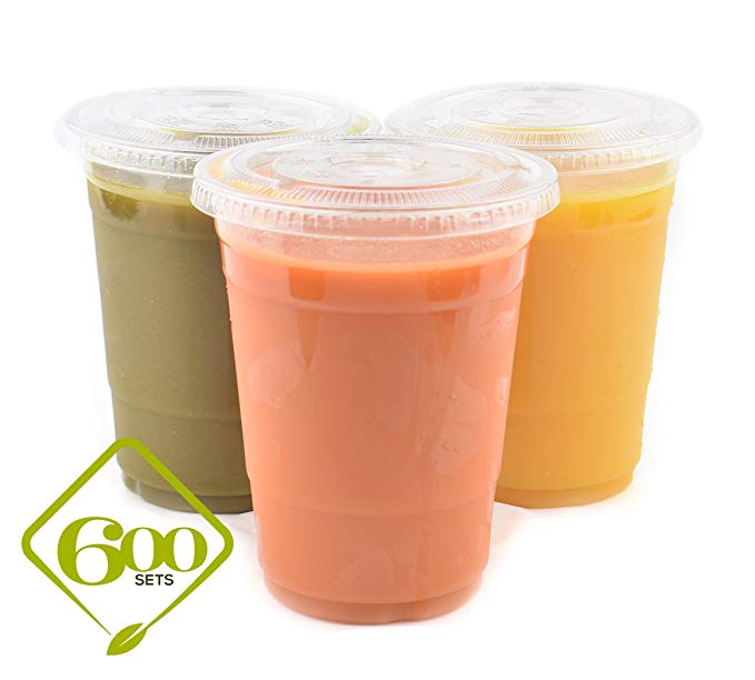 [600 SETS] Plastic Disposable Cups with Lids - Premium 16 oz (ounces) Crystal Clear PET for Cold Drinks Iced Coffee Tea Juices Smoothies Slushy Soda Cocktails Beer Kids Safe (16oz Cups + Flat Lids)