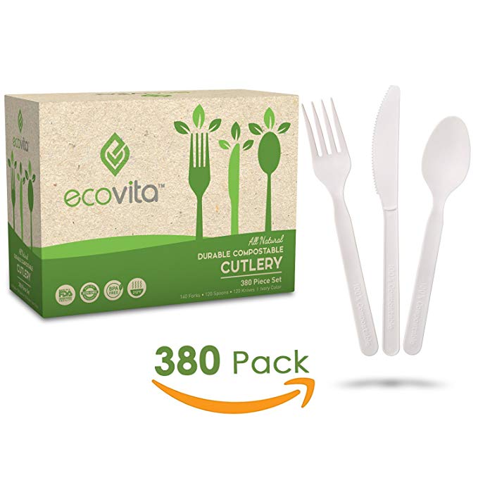 100% Compostable Biodegradable Forks Spoons and Knives Disposable Cutlery Combo Set - 380 Large Utensils (7 in.) Eco Friendly Durable and Heat Resistant with Convenient Tray by Ecovita.co