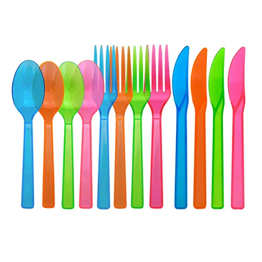 Party Essentials N964890 Extra Heavy Duty Plastic Cutlery Combo Pack with 384 Place Settings of Knives/Forks/Spoons, Assorted Neon, 12 Bags of 96 (Pack of 1152)