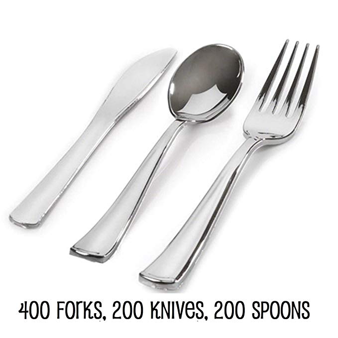 800 Piece REFLECTIONS Plastic Silverware, Looks Like Silver Cutlery Combo of 800 Includes 400 Forks, 200 Knives, 200 Spoons