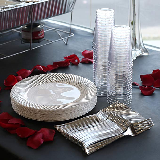 Kaya Collection - Swirl Silver Disposable Plastic Buffet Party Package - Includes Buffet Plates, Silver Forks and Tumblers (120 Person Package)