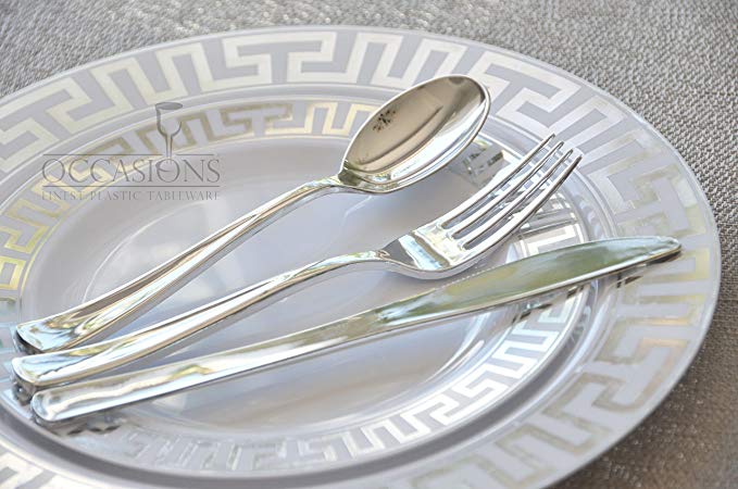 OCCASIONS- MILANO COLLECTION- Wedding Disposable Plastic Plates & silverware (x 60 guests, White w/ silver)