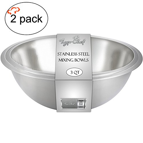 TigerChef TC-20449 Heavy Duty Mixing Bowls for Home and Commercial Use, Best Prep Bowls for Cake Mixtures, Doughs, Salads, Pastas, Dressings, Stainless Steel, 3 Quart (Pack of 2)