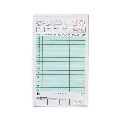 Royal Green Guest Check Board, Carbonless 2 Part Loose with 13 Lines, Case of 2000
