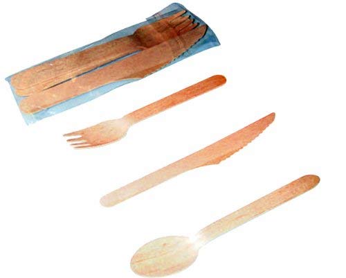 PacknWood Wooden Cutlery Kit with Knife, Fork, and Spoon, Wrapped in Cornstarch PLA (Case of 250)