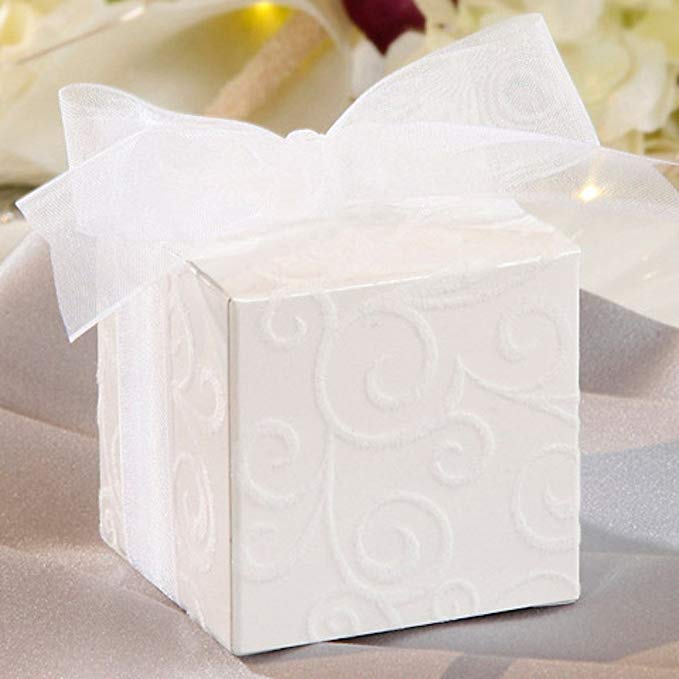 White Wedding Flocked Swirl Favor Candy Boxes with Ribbon White (144)