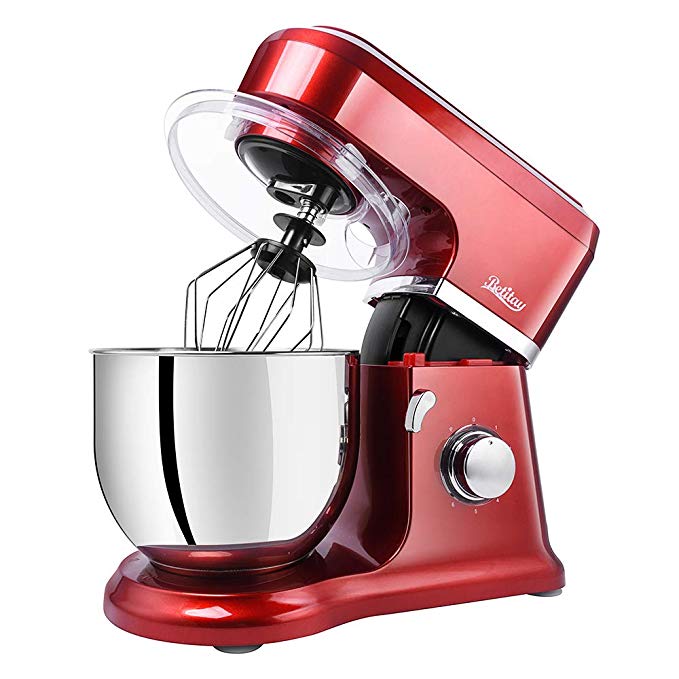 Betitay Kitchen Dough Mixer, Cake Mixer with 6-Speed + Pulse Control, Multi-Purpose Parts Mixing Beater/Dough Hook/Whisk/Silicone Brush/Splash Guard, Stainless Steel Bowl(Red/Steel)