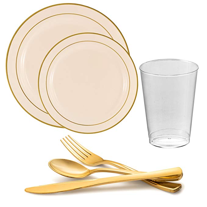 Kaya Collection - Bone and Gold Disposable Plastic Dinnerware Party Package - 60 Person Package - Includes Dinner Plates, Salad/Dessert Plates, Gold Cutlery and Tumblers