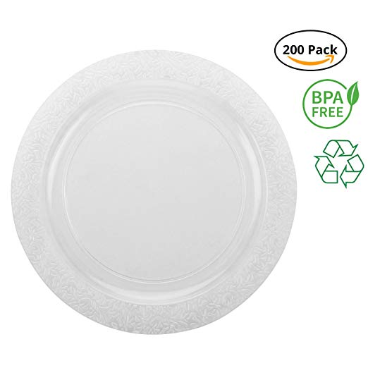 Party Joy ‘I Can’t Believe It’s Plastic’ 200-Piece Plastic Dinner Plate Set | Lace Collection | Heavy Duty Premium Plastic Plates for Wedding, Parties, Camping & More (Clear)