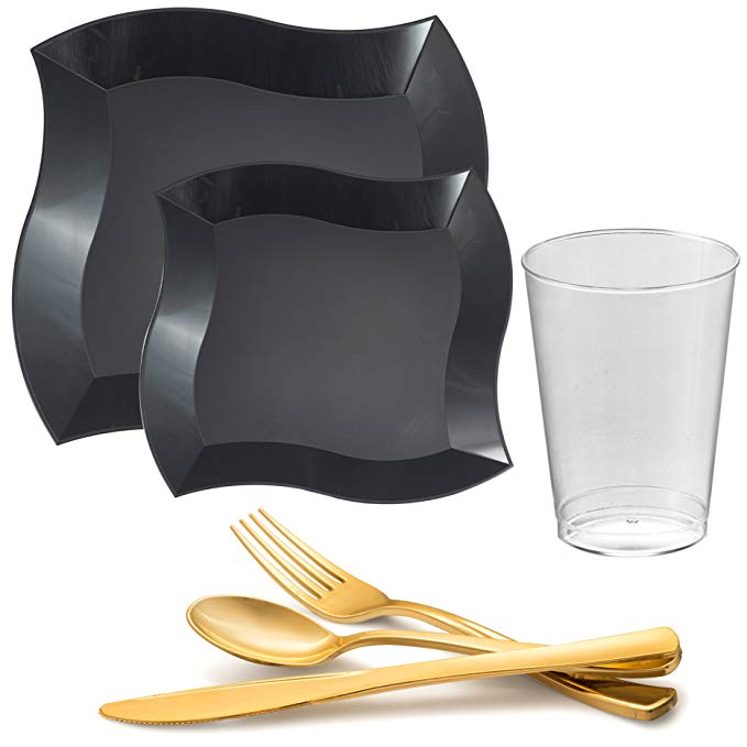 Kaya Collection - Wave Black Disposable Plastic Dinnerware Party Package - 20 Person Package - Includes Dinner Plates, Salad/Dessert Plates, Gold Cutlery and Tumblers