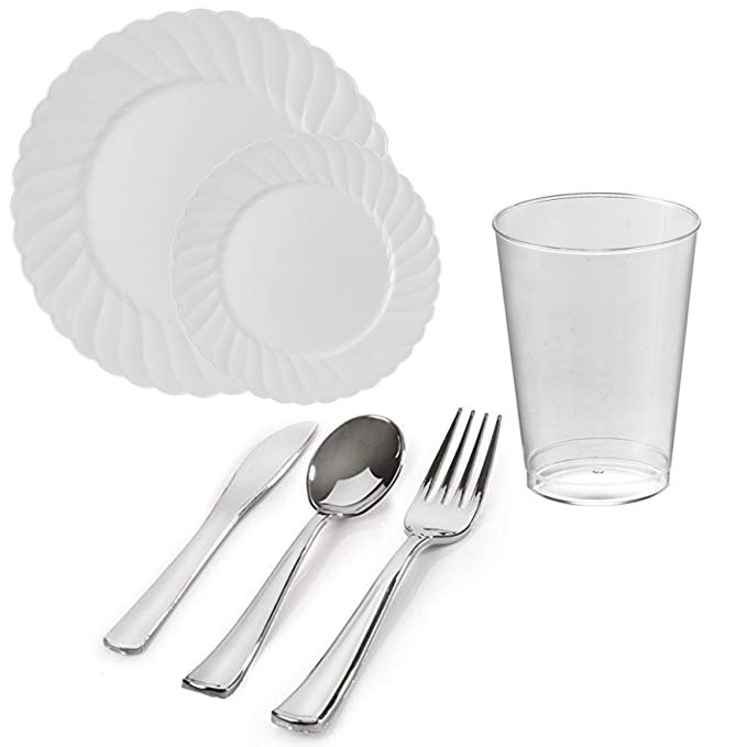 Kaya Collection - White Disposable Plastic Dinnerware Party Package - 72 Person Package - Includes Dinner Plates, Salad/Dessert Plates, Silver Cutlery and Tumblers