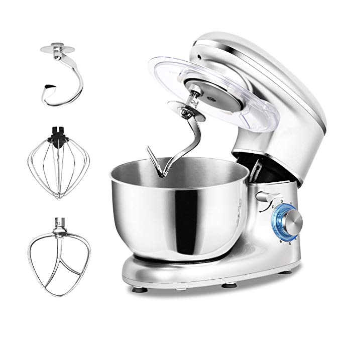 POSAME Professional Stand Mixers 660W 6 Speeds 5.5Qt Mixing Stainless Steel Bowl Tilt Head Electric Kitchen Food Mixer Dough Kneading Machine with Dough Hook, Whisk, Beater, Pouring Shield - Silver