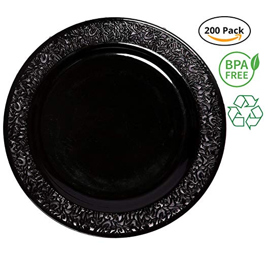 Party Joy ‘I Can’t Believe It’s Plastic’ 200-Piece Plastic Dinner Plate Set | Lace Collection | Heavy Duty Premium Plastic Plates for Wedding, Parties, Camping & More (Black)