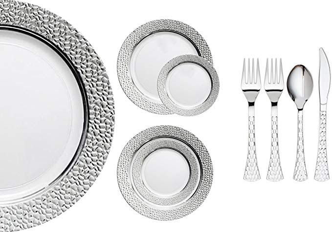Royalty Settings Hammered Collection Premium Plastic Plates for Weddings for 40 Persons, Includes 40 Dinner Plates, 40 Salad Plates, 80 Forks, 40 Spoons, 40 Knives, White with Silver Rim