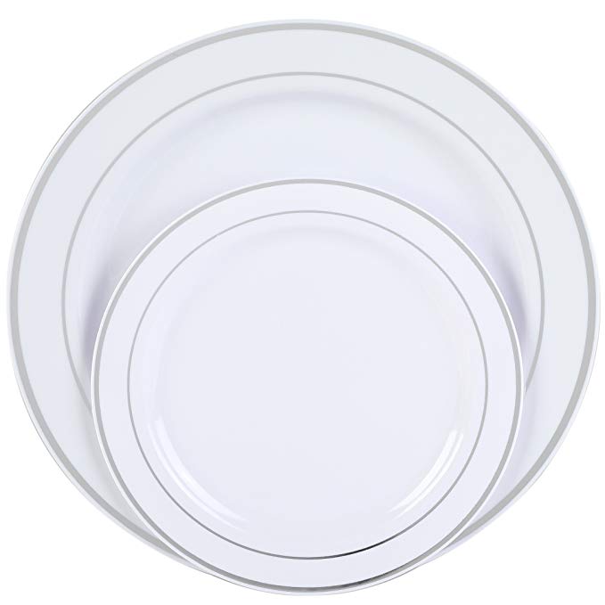 Premium Disposable Plastic Plates 240 Pack (120 x 10.5” Dinner + 120 x 7.5” Salad/Desert) White with Silver Rim by Finest Cutlery for Weddings, Parties, and Special Occasions.