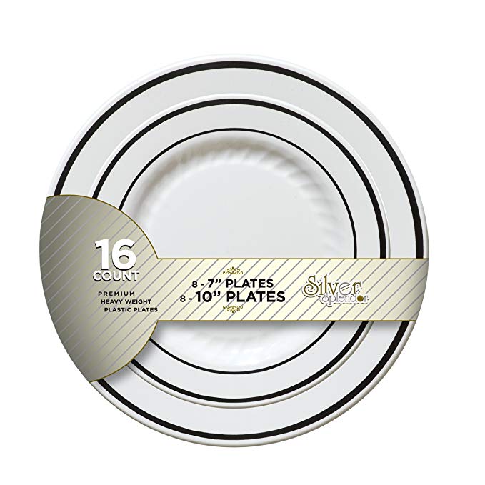 Fineline Settings Silver Splendor 16-Piece Round 7 & 10-Inch (8+8) Plates, White With Silver