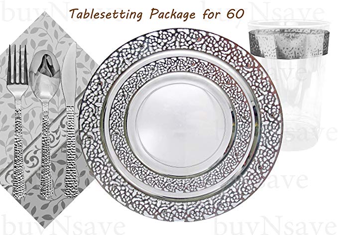 Elegant Wedding Party Disposable Plastic Plates Inspiration Clear with Silver,for 60 Guests,Dinner Plates10.25
