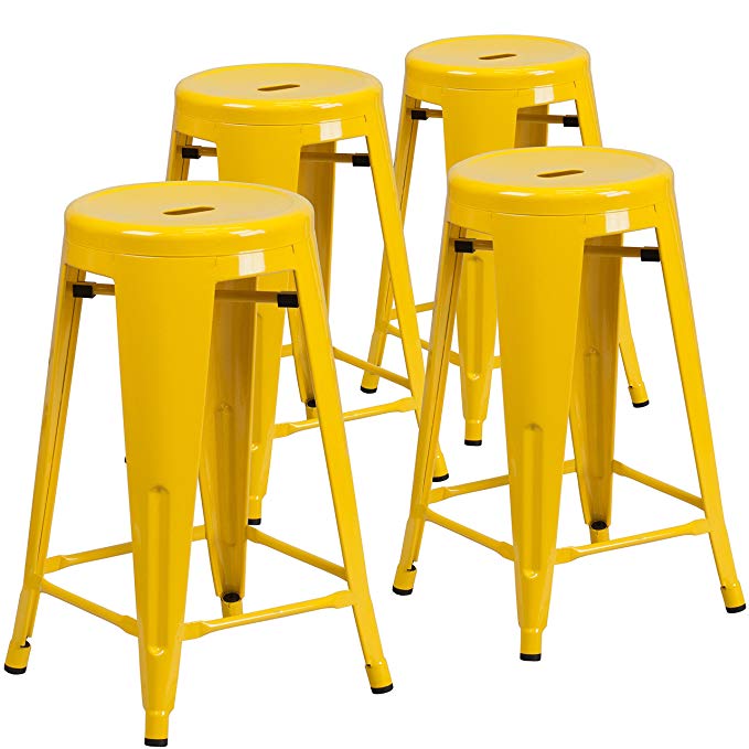 Flash Furniture 4 Pk. 24'' High Backless Yellow Metal Indoor-Outdoor Counter Height Stool with Round Seat